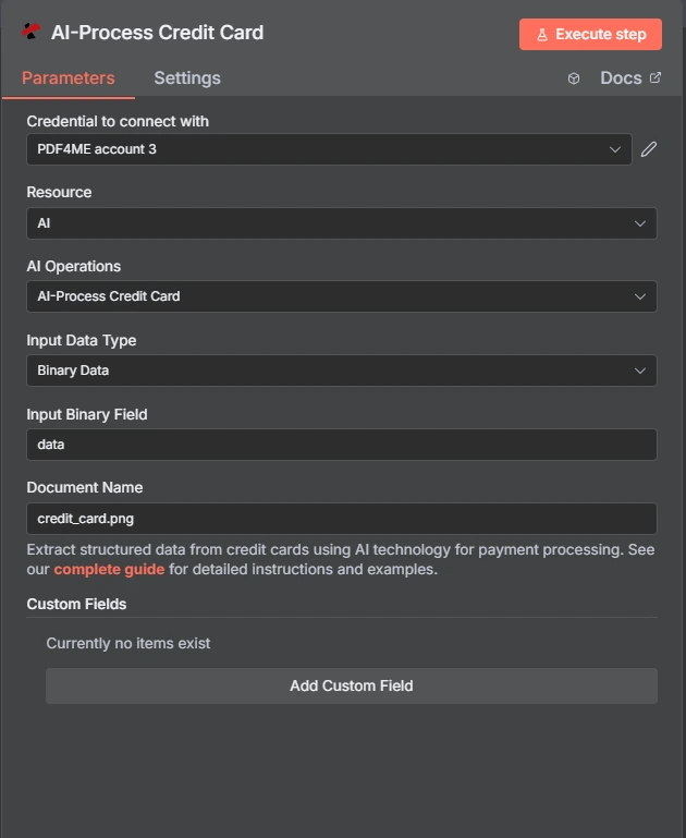 Nodo PDF4me AI-Process per la carta di credito in n8n, che legge un file di carta di credito e restituisce i campi strutturati della carta.